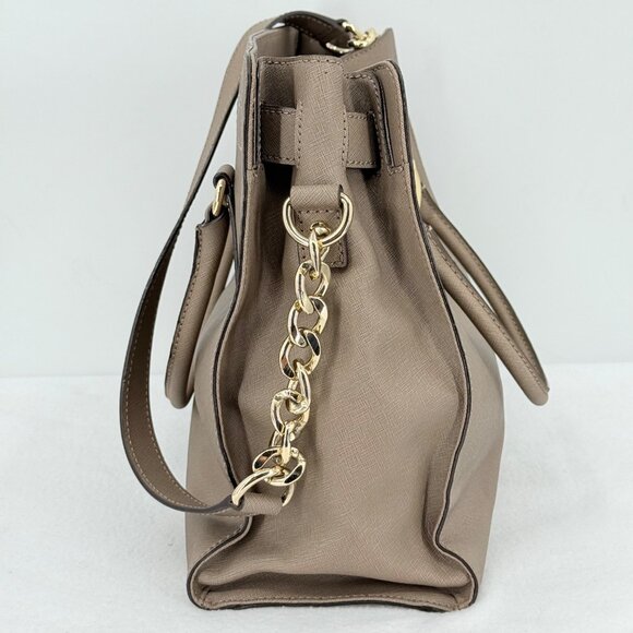 Michael Kors Taupe Saffiano Leather Satchel Hand/Shoulder Bag Large w/Gold Lock - Picture 4 of 15